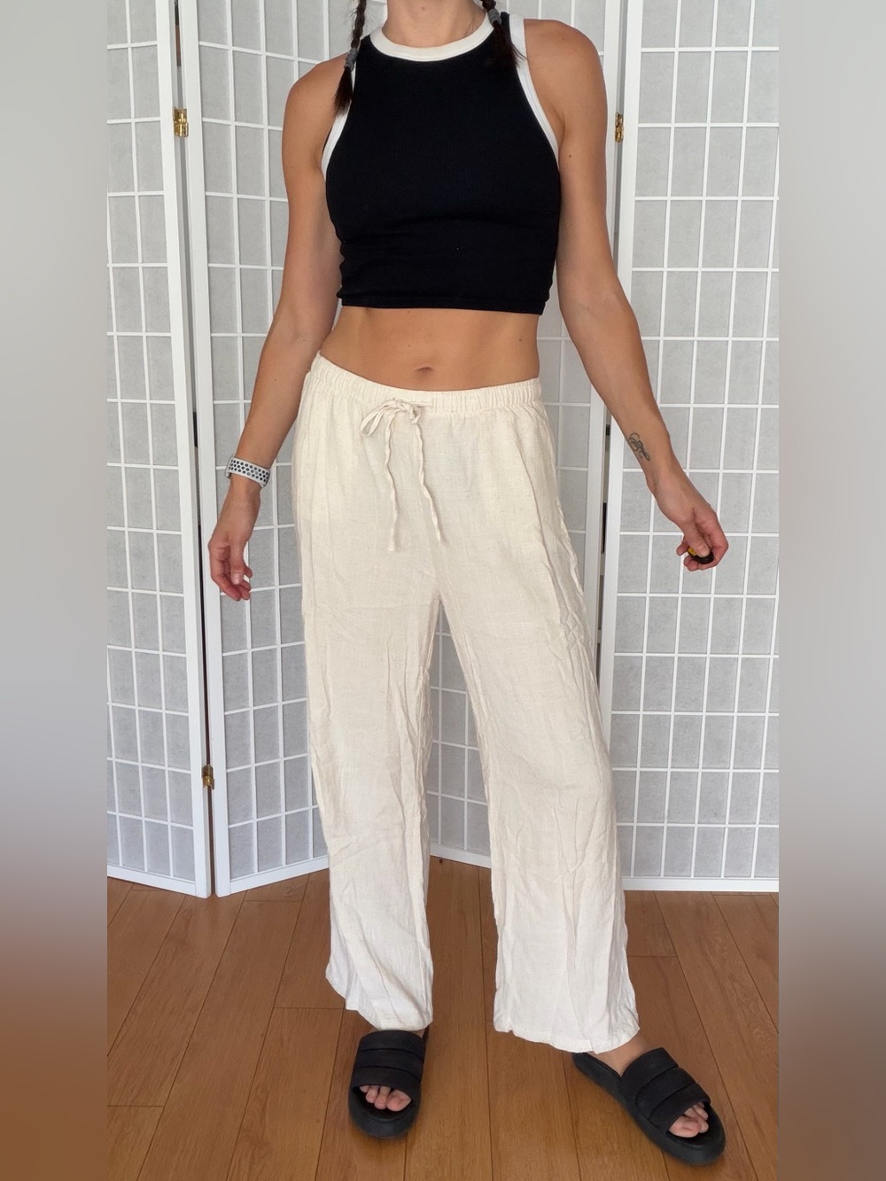 Women's Cream Drawstring Wide-Leg Pants